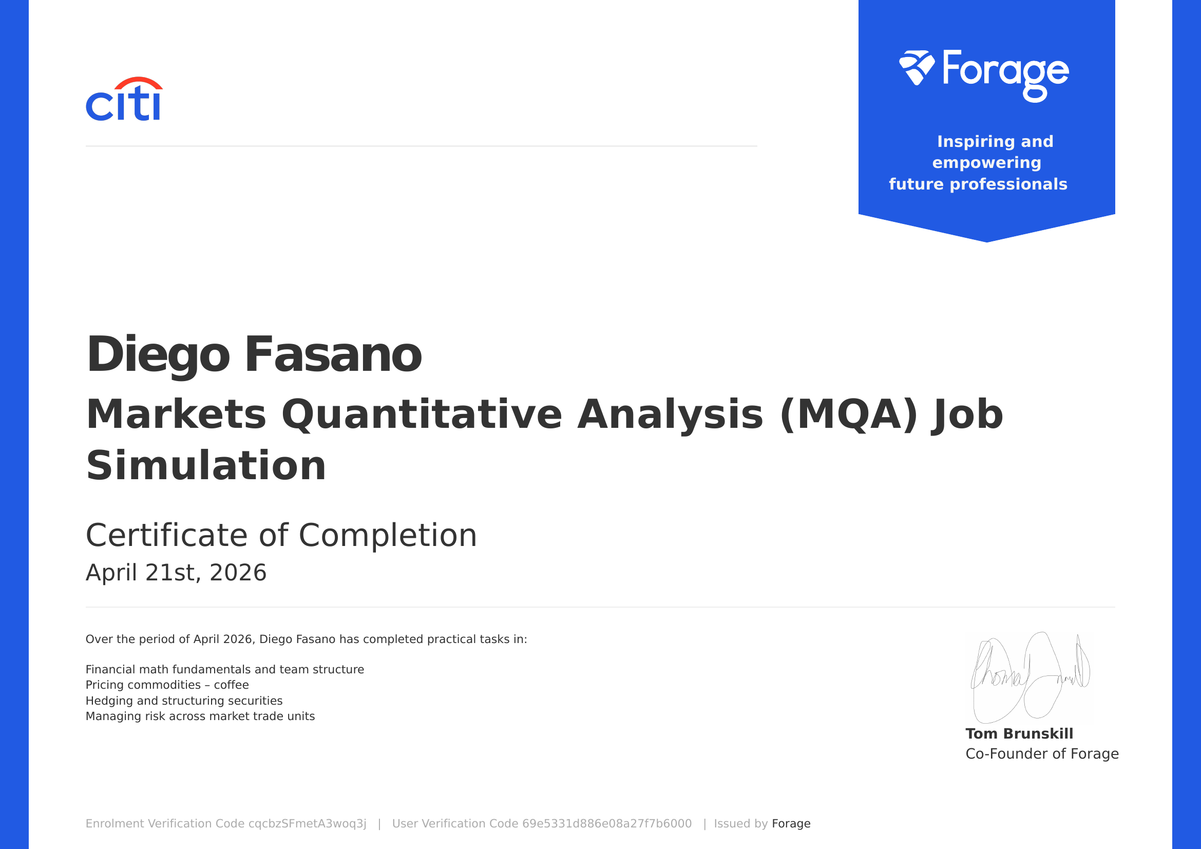 Citi Markets Quantitative Analysis Certificate of Completion — Diego Fasano